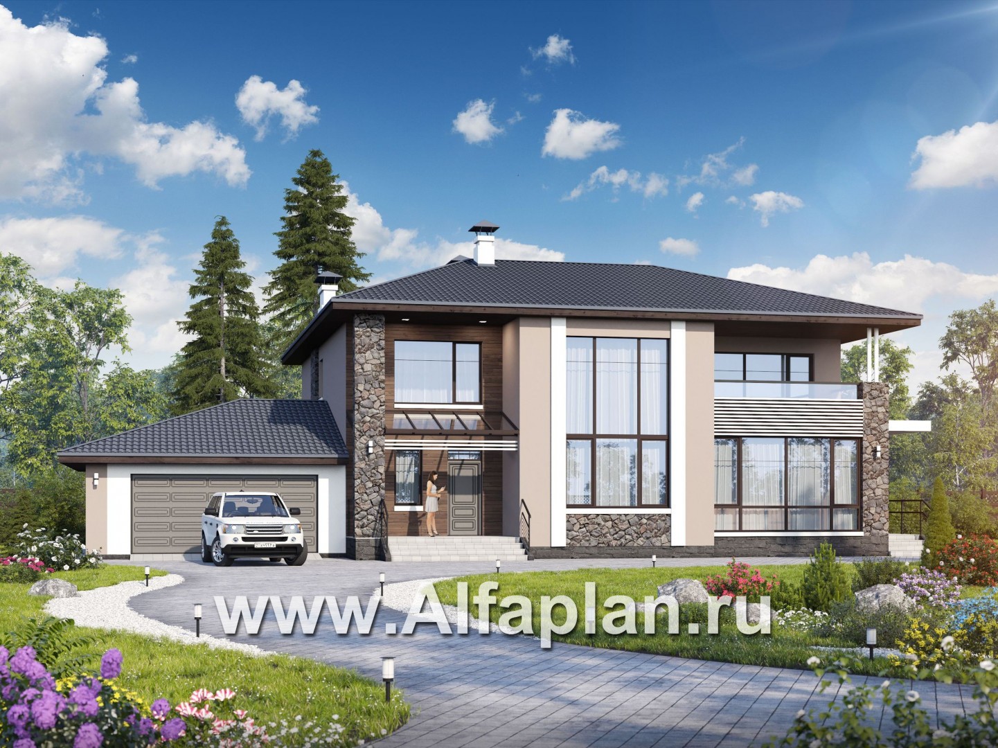 Проекты домов Альфаплан - «Семь звезд» - современный коттедж с панорамными окнами и гаражом - основное изображение