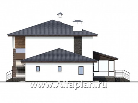 «Орбита» - проект двухэтажного дома, планировка с сауной, с террасой и с гаражом, в современном стиле - превью фасада дома