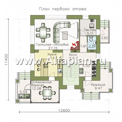 Проекты домов Альфаплан - «Медея» - компактный дом с верандой на главном фасаде - превью плана проекта №1