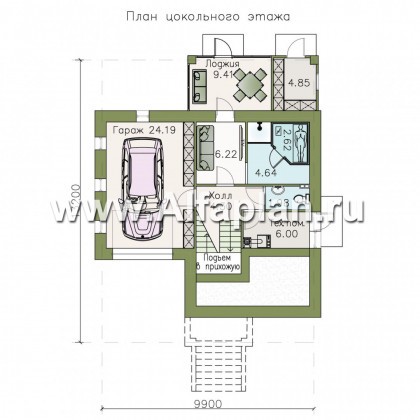 Проекты домов Альфаплан - «Берег» - современный компактный коттедж с гаражом в цоколе - превью плана проекта №1