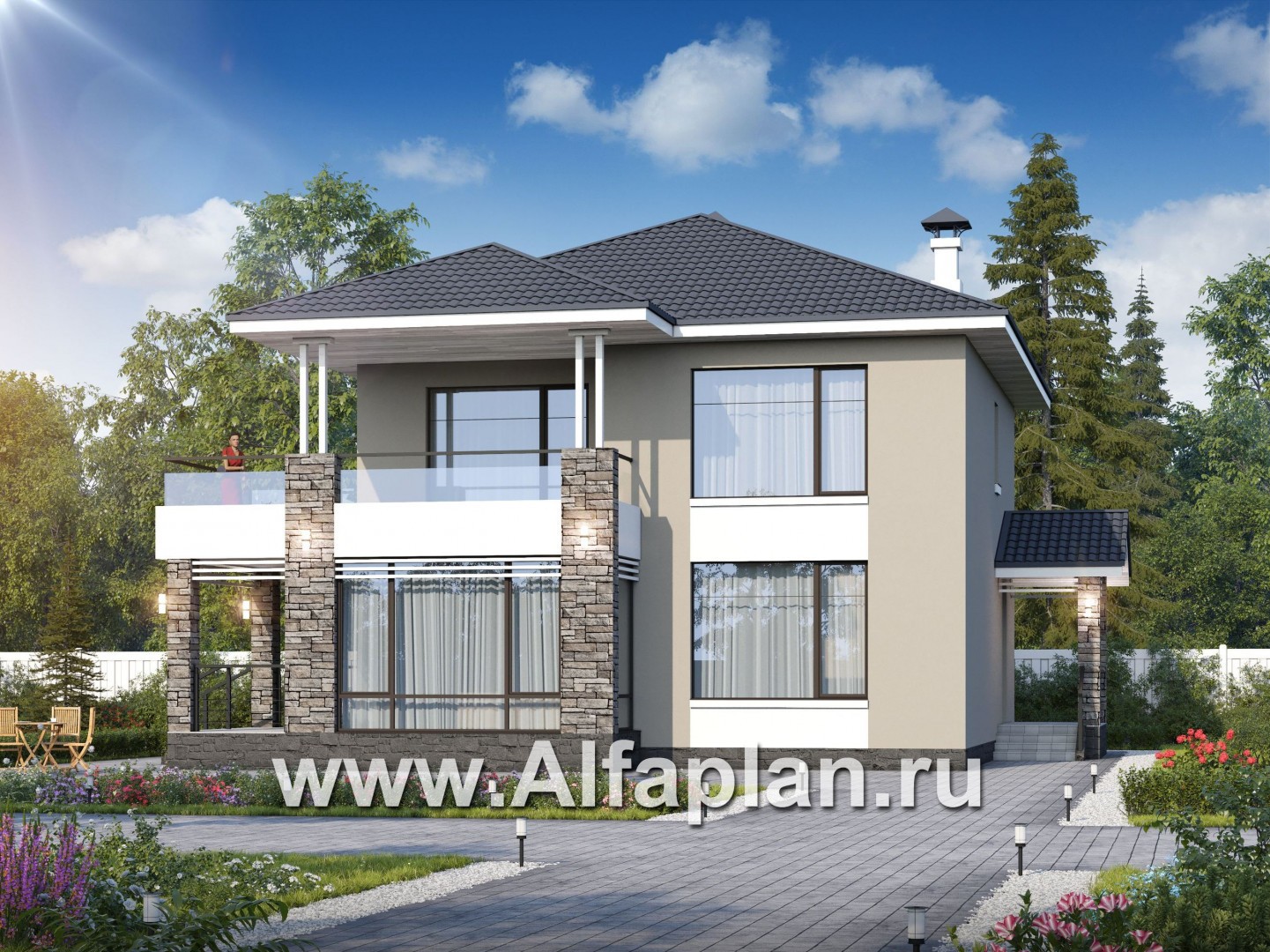 Проекты домов Альфаплан - «Belissimo» - современный двухэтажный дом с удобной верандой - основное изображение