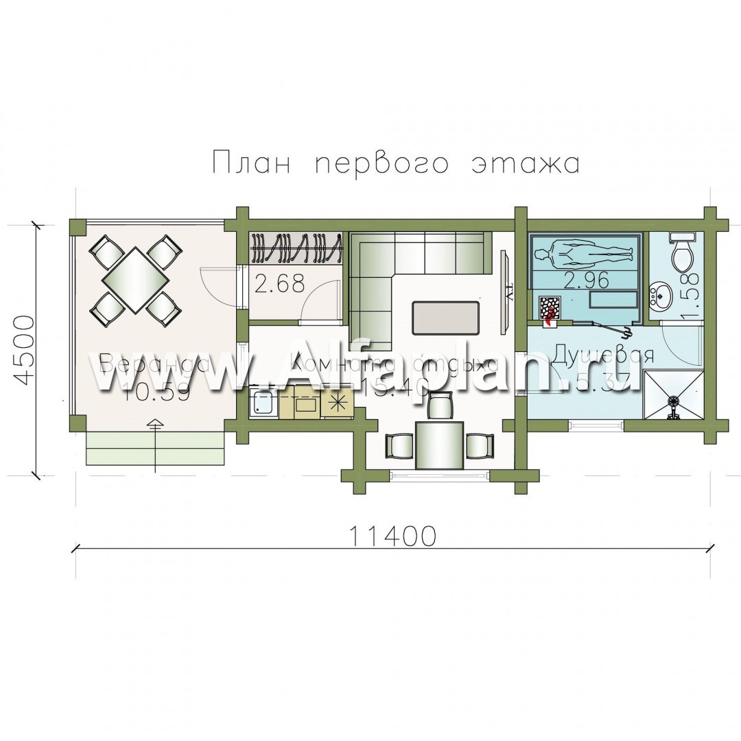 Проекты домов Альфаплан - Уютная одноэтажная деревянная баня с крытой террасой - изображение плана проекта №1