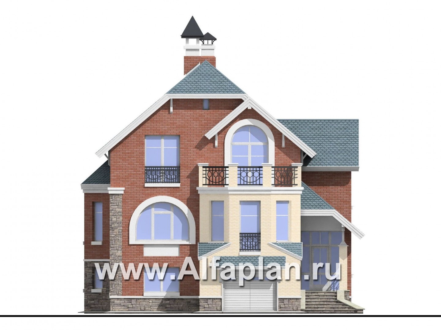 Проекты домов Альфаплан - «Корвет» - проект трехэтажного дома, с эркером, с гаражом на 1 авто и сауной в цоколе - изображение фасада №1
