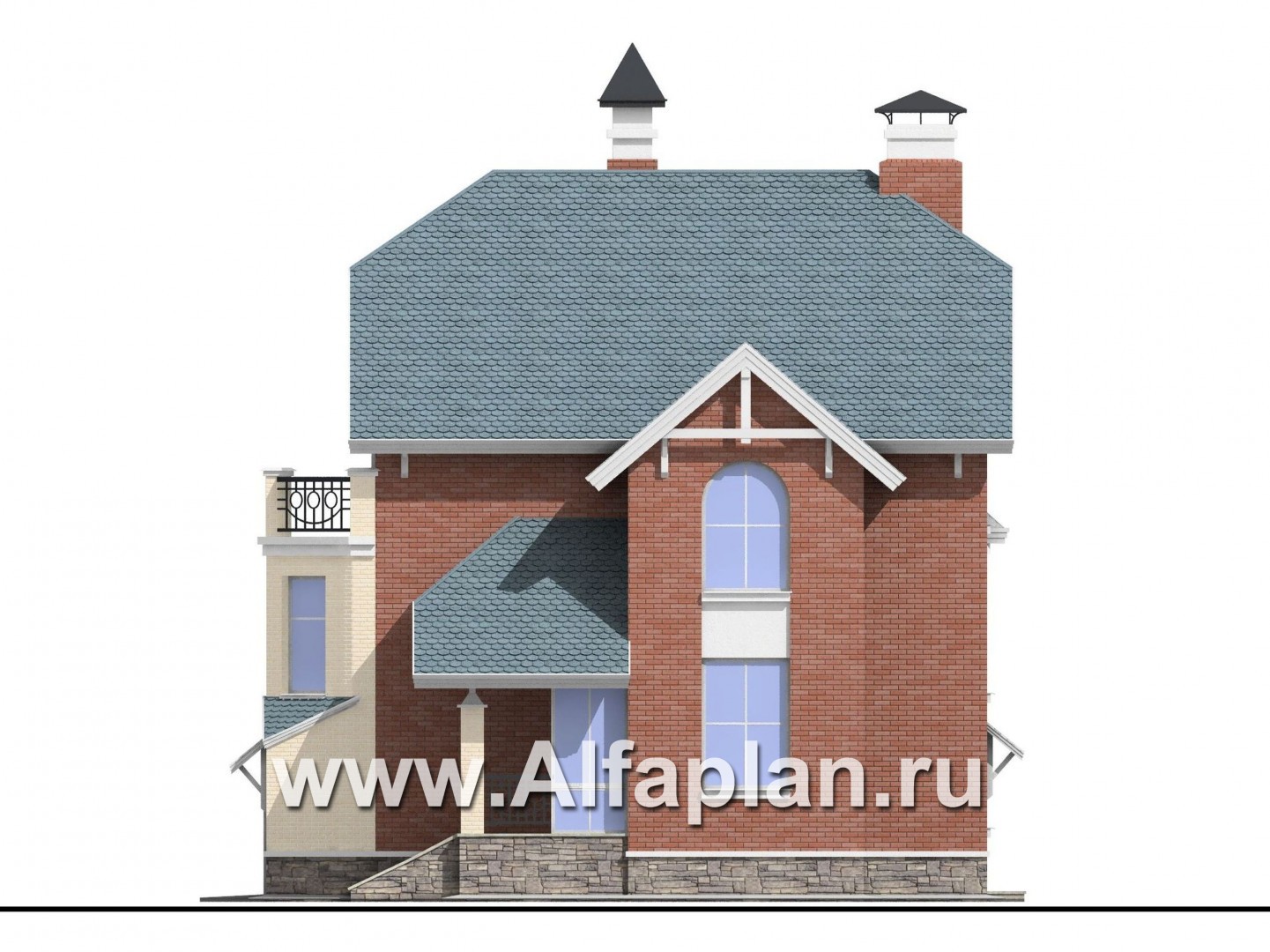 Проекты домов Альфаплан - «Корвет» - проект трехэтажного дома, с эркером, с гаражом на 1 авто и сауной в цоколе - изображение фасада №2