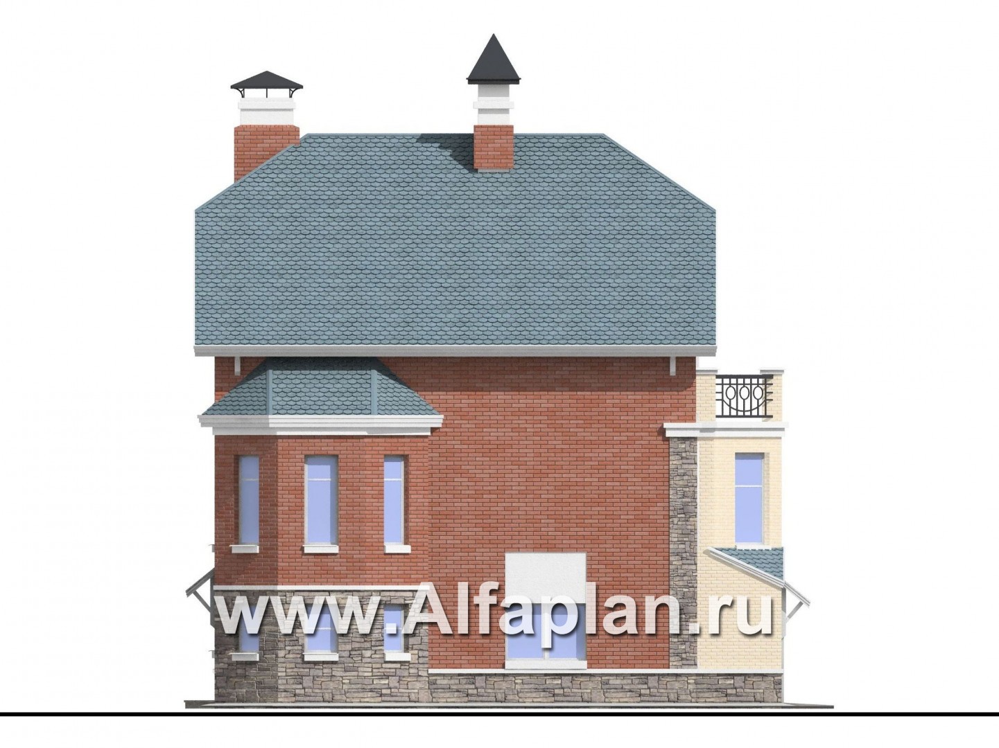 Проекты домов Альфаплан - «Корвет» - проект трехэтажного дома, с эркером, с гаражом на 1 авто и сауной в цоколе - изображение фасада №3