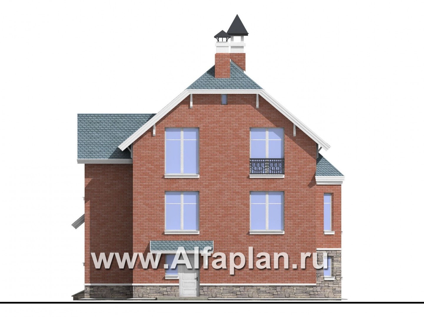Проекты домов Альфаплан - «Корвет» - проект трехэтажного дома, с эркером, с гаражом на 1 авто и сауной в цоколе - изображение фасада №4