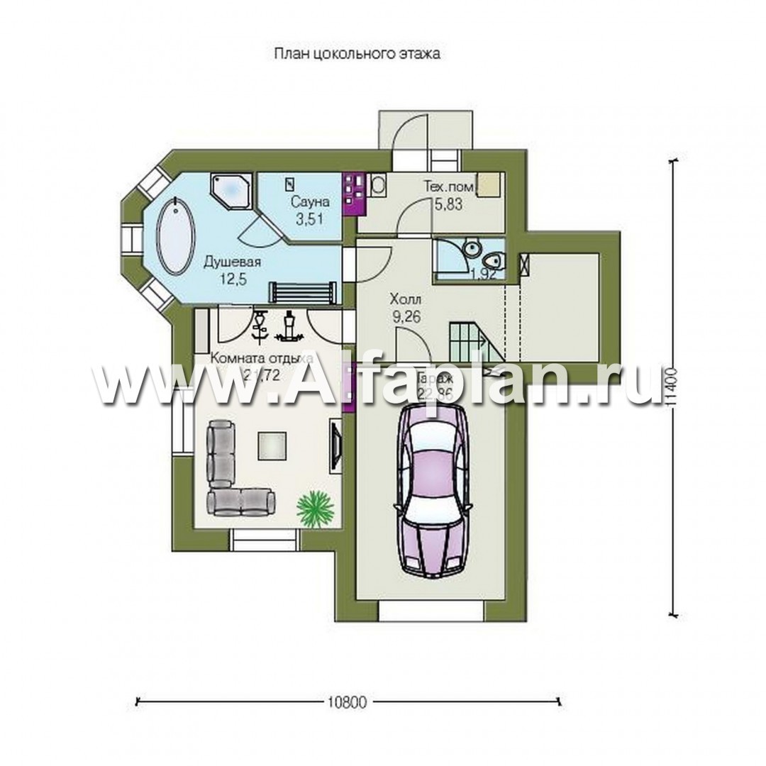 Проекты домов Альфаплан - «Корвет» - проект трехэтажного дома, с эркером, с гаражом на 1 авто и сауной в цоколе - изображение плана проекта №1