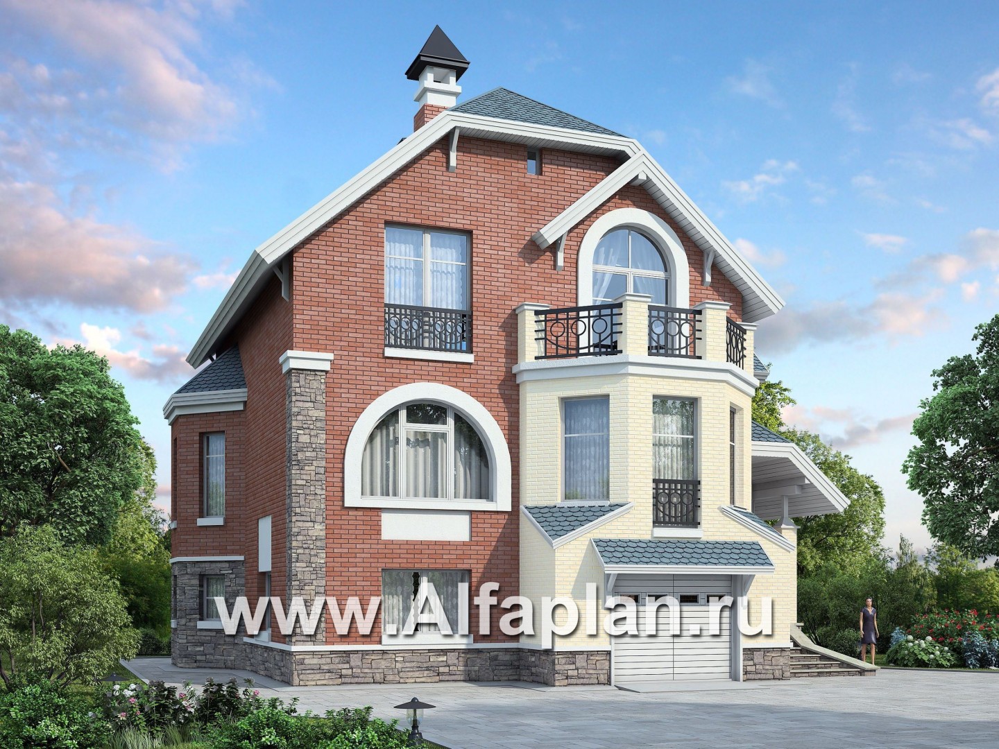 Проекты домов Альфаплан - «Корвет» - проект трехэтажного дома, с эркером, с гаражом на 1 авто и сауной в цоколе - основное изображение