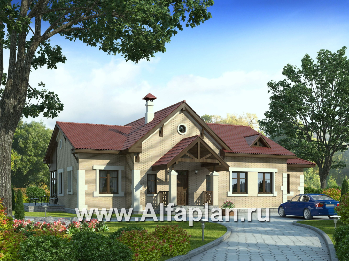 Проекты домов Альфаплан - «Поместье» - одноэтажный дом с удобной планировкой - основное изображение