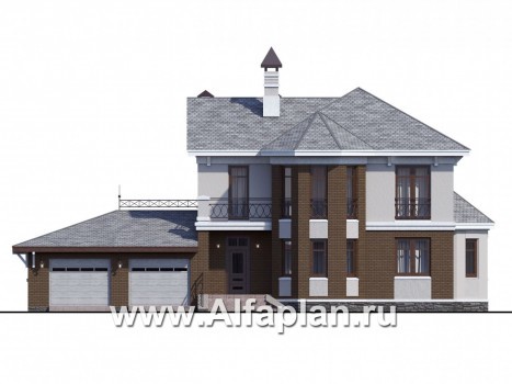 Проекты домов Альфаплан - «Классический»- двухэтажный особняк с эркером и большим гаражом - превью фасада №1