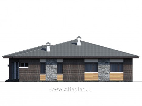 Проекты домов Альфаплан - «Ангара» - стильный одноэтажный коттедж с террасой - превью фасада №2