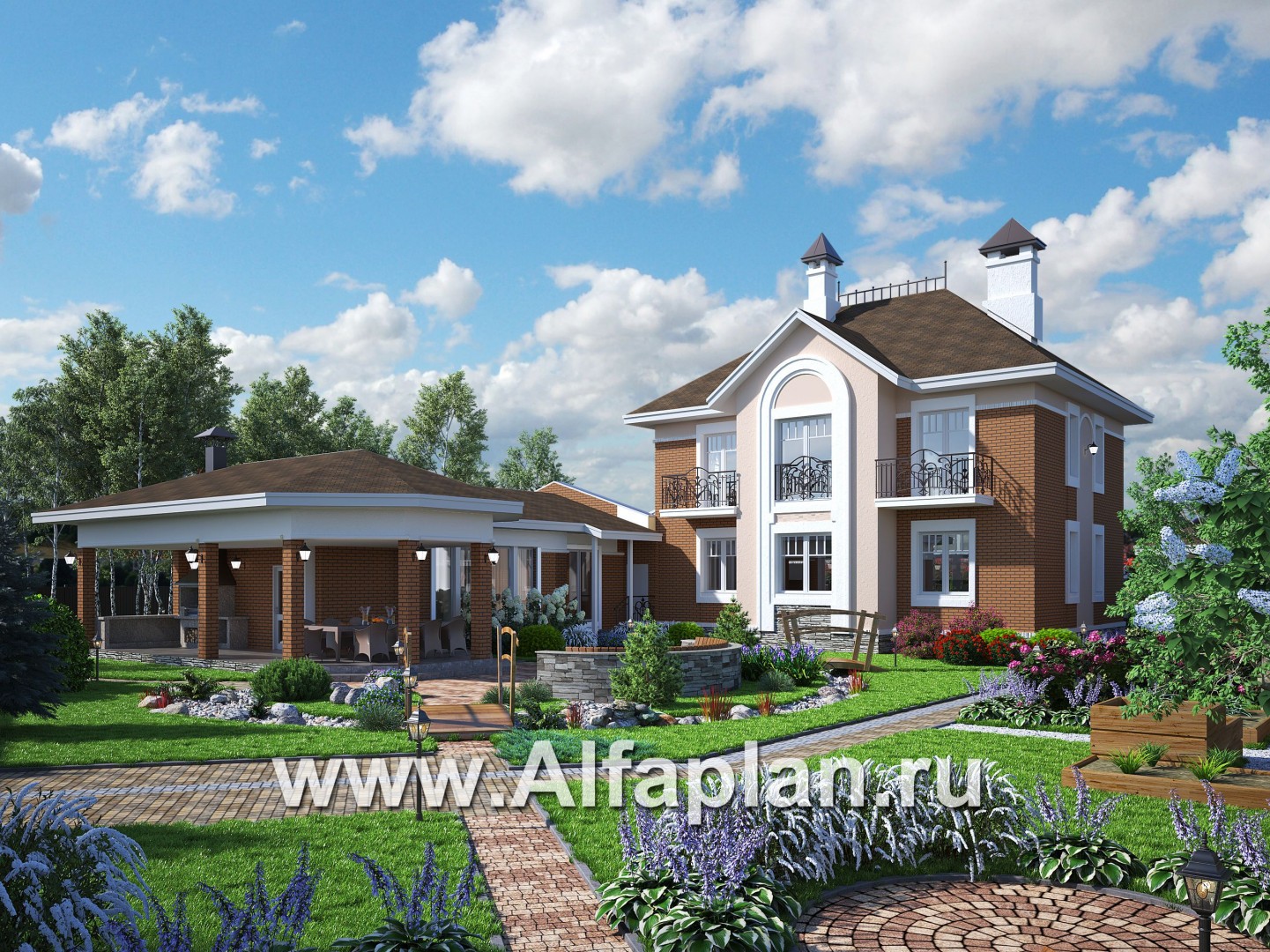 Проекты домов Альфаплан - Пристройка с бассейном к серии проектов кирпичных домов «Разумовский» - основное изображение