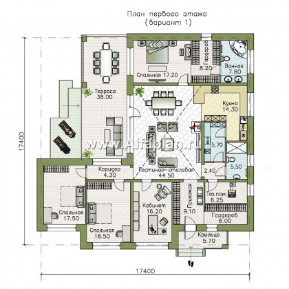Проекты домов Альфаплан - «Горизонталь» - большой одноэтажный коттедж  в современном стиле - превью плана проекта №1