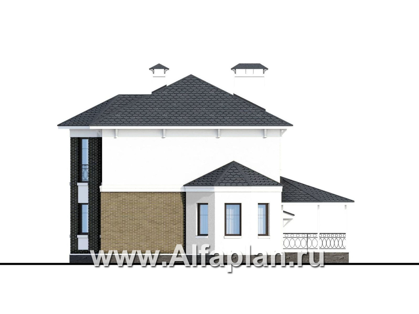 Проекты домов Альфаплан - «Классический» - двухэтажный особняк с большим гаражом и комнатой на первом этаже - изображение фасада №2