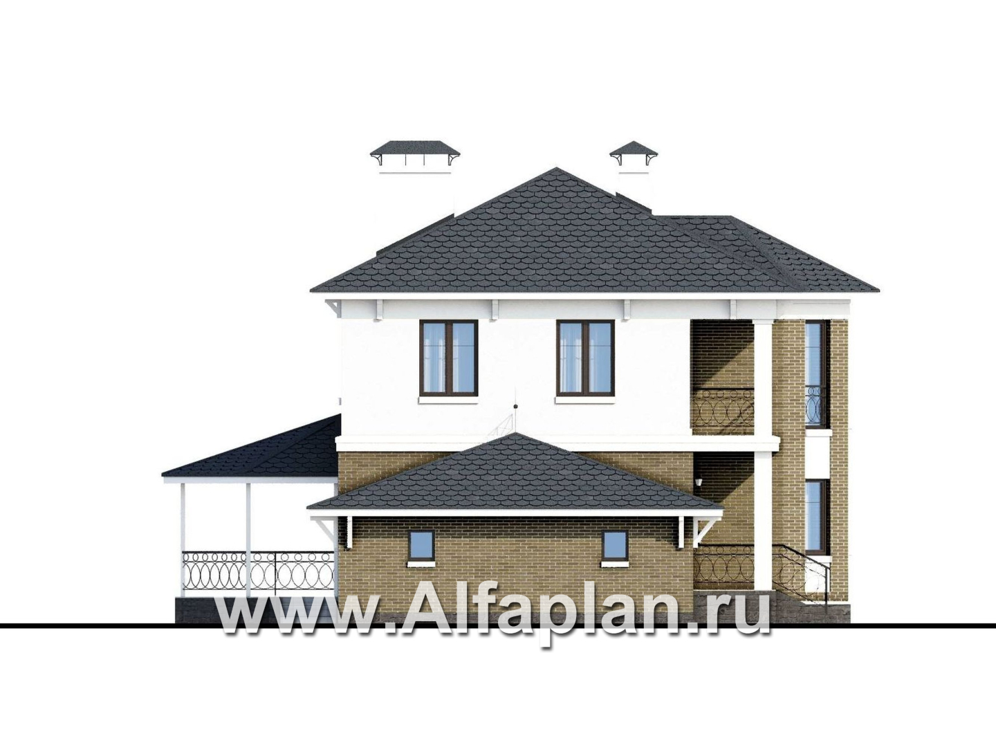 Проекты домов Альфаплан - «Классический» - двухэтажный особняк с большим гаражом и комнатой на первом этаже - изображение фасада №4
