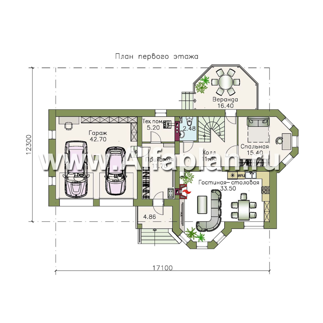 Проекты домов Альфаплан - «Классический» - двухэтажный особняк с большим гаражом и комнатой на первом этаже - изображение плана проекта №1