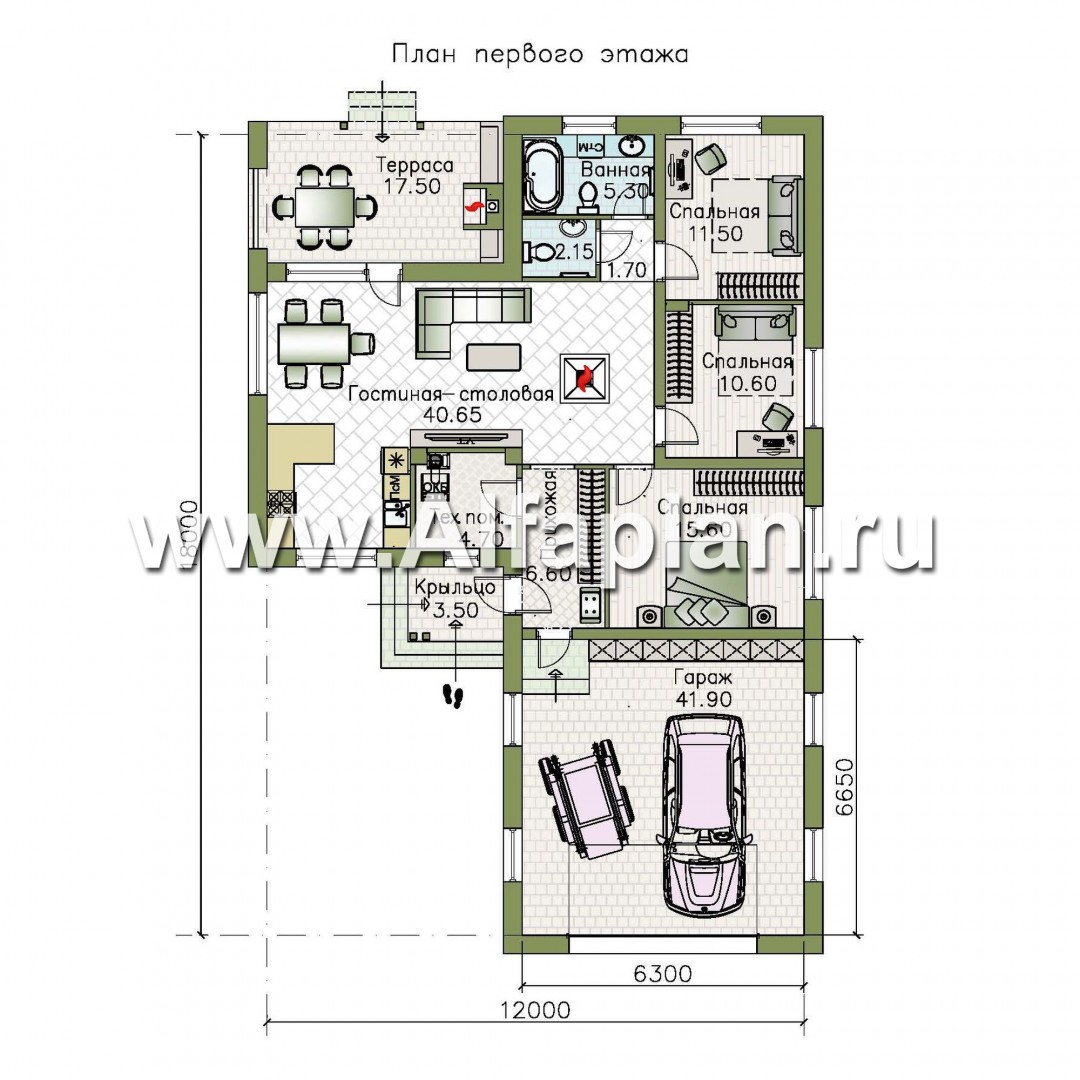 Проекты домов Альфаплан - «Калисто» - одноэтажный коттедж - на два автомобиля - план проекта №1