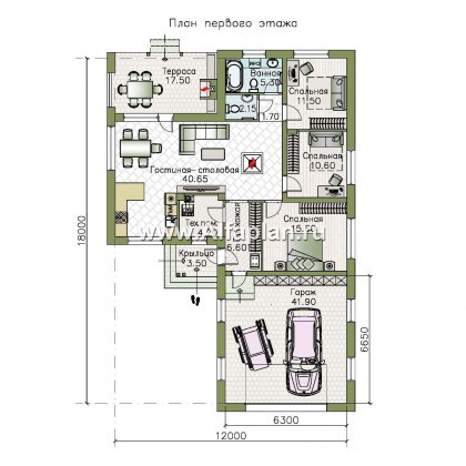 Проекты домов Альфаплан - «Калисто» - одноэтажный коттедж - на два автомобиля - превью плана проекта №1
