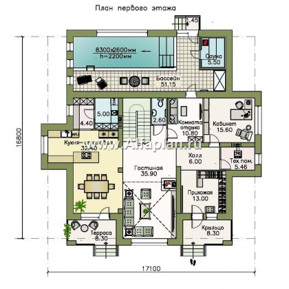 Проекты домов Альфаплан - «Арно» - классический особняк с двусветной столовой и бассейном - превью плана проекта №1