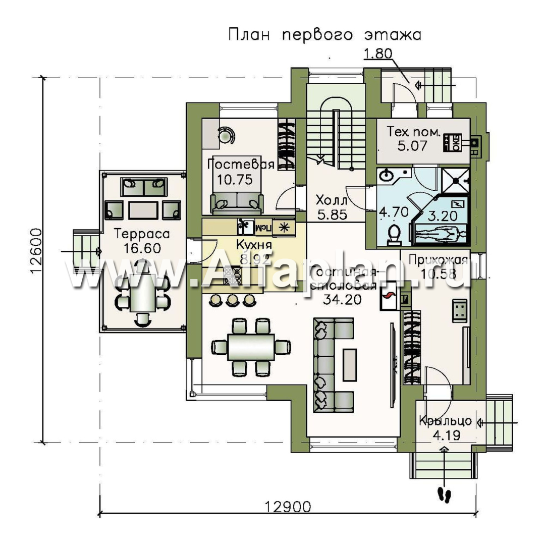 Проекты домов Альфаплан - «Печора» - стильный двухэтажный коттедж с сауной и мастер-спальней - изображение плана проекта №1