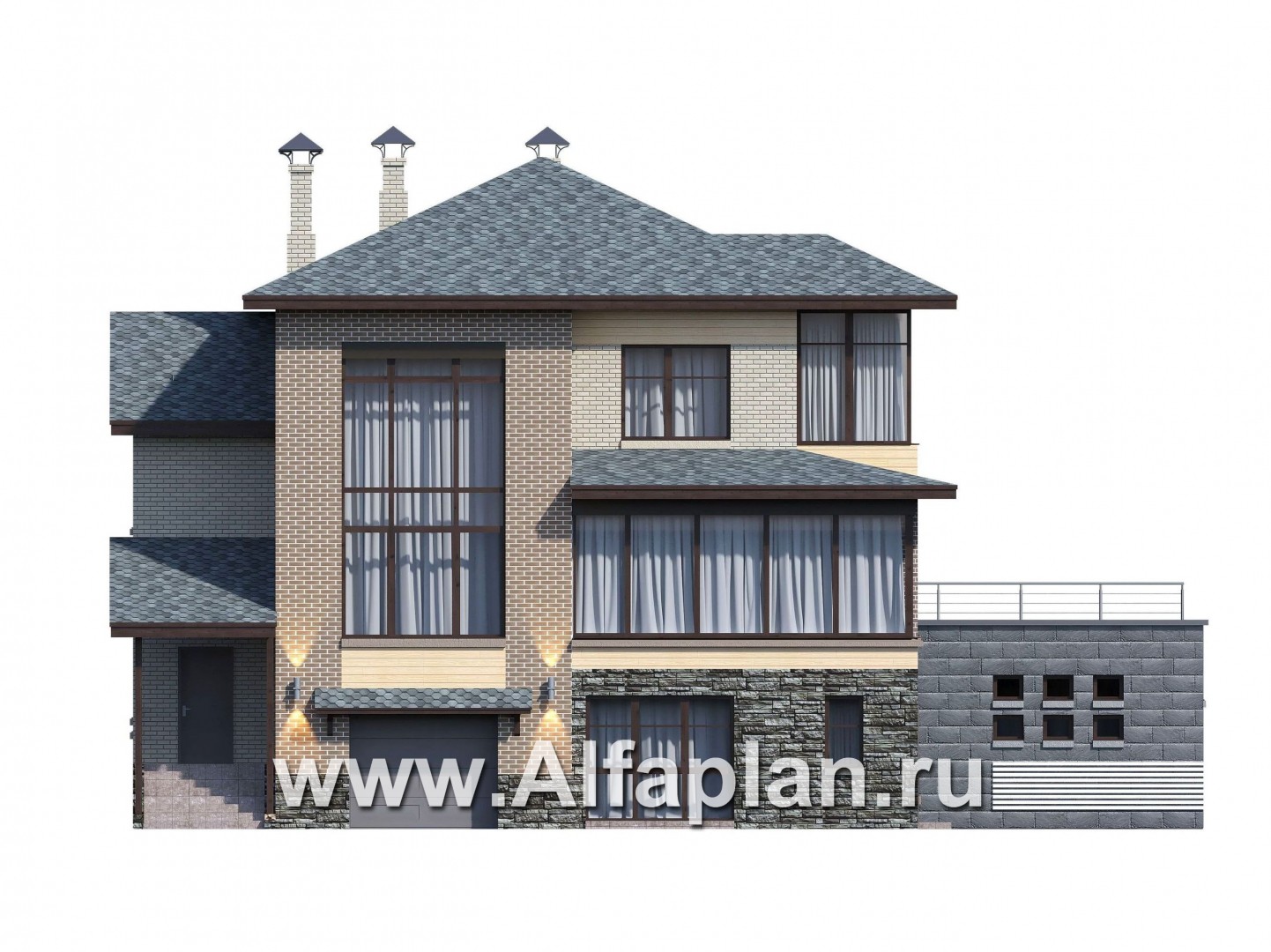Проекты домов Альфаплан - "Амур" - проект трехэтажного дома, с  гаражом в цоколе и с сауной, с двусветной гостиной, с бассейном - изображение фасада №1