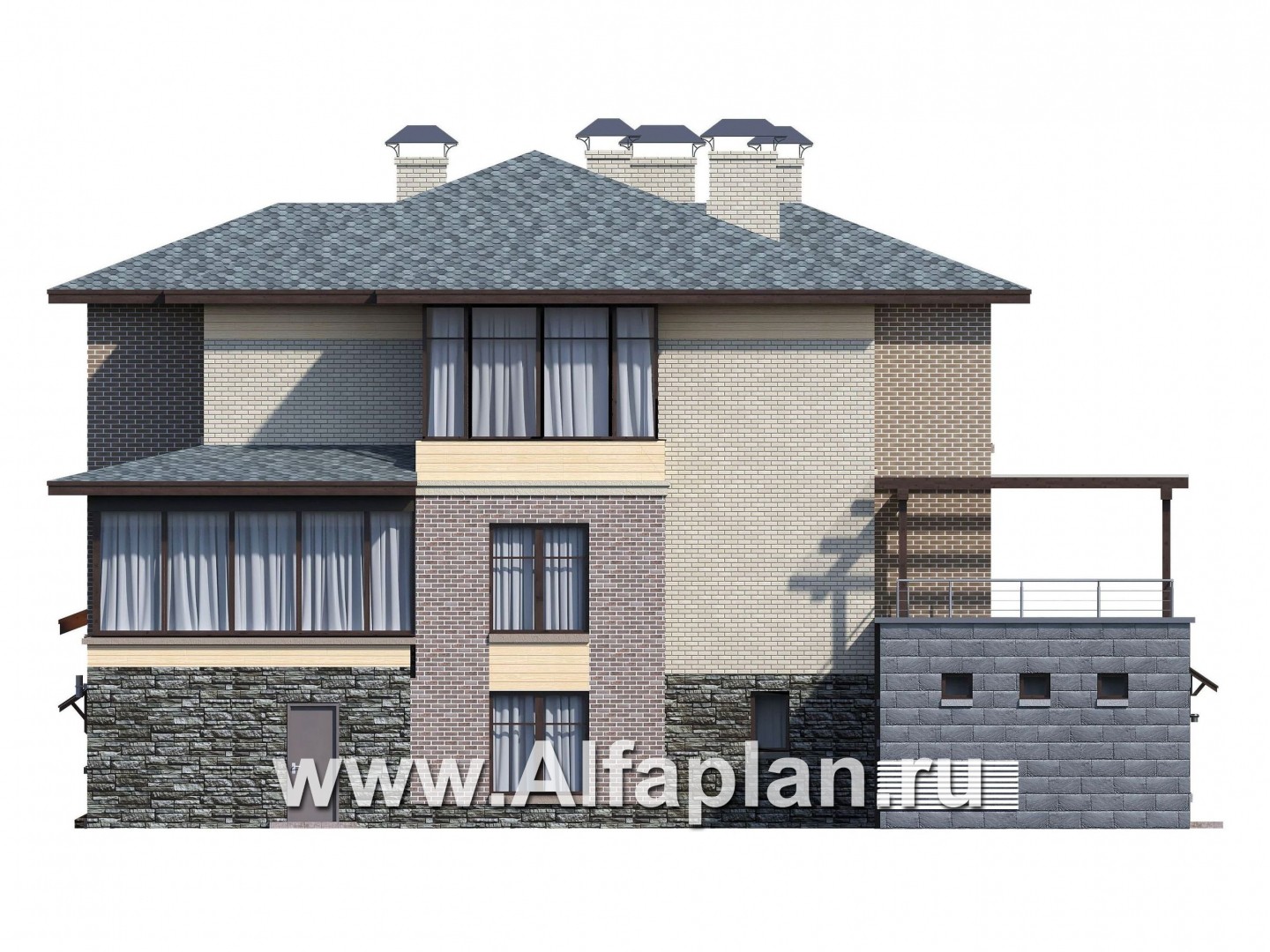 Проекты домов Альфаплан - "Амур" - проект трехэтажного дома, с  гаражом в цоколе и с сауной, с двусветной гостиной, с бассейном - изображение фасада №4