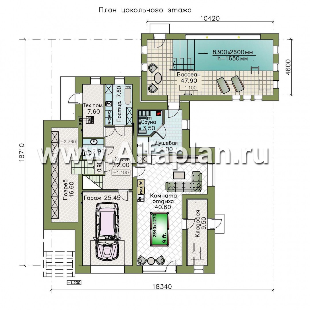 Проекты домов Альфаплан - "Амур" - проект трехэтажного дома, с  гаражом в цоколе и с сауной, с двусветной гостиной, с бассейном - изображение плана проекта №1