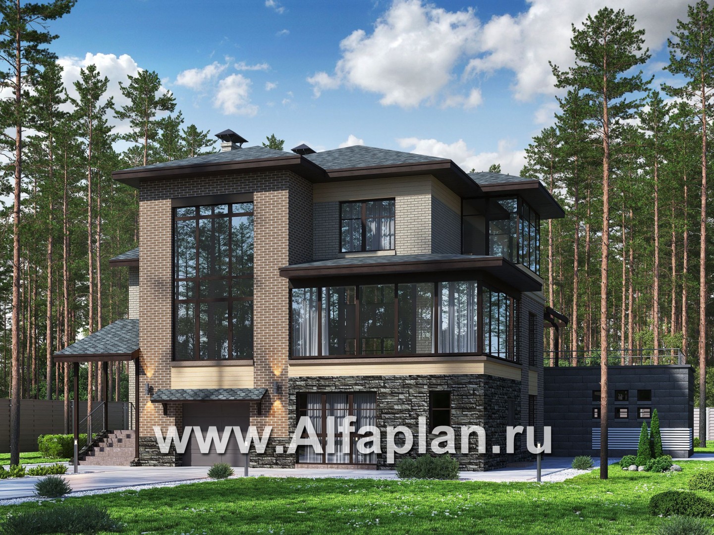 Проекты домов Альфаплан - "Амур" - проект трехэтажного дома, с  гаражом в цоколе и с сауной, с двусветной гостиной, с бассейном - основное изображение