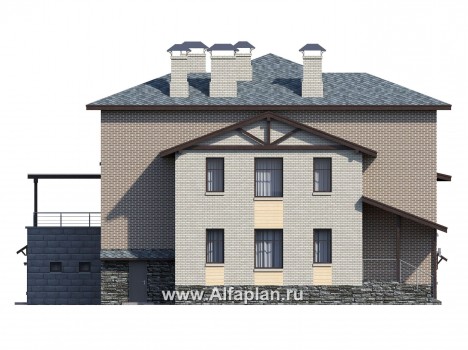 Проекты домов Альфаплан - "Амур" - проект трехэтажного дома, с  гаражом в цоколе и с сауной, с двусветной гостиной, с бассейном - превью фасада №2