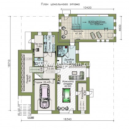 Проекты домов Альфаплан - "Амур" - проект трехэтажного дома, с  гаражом в цоколе и с сауной, с двусветной гостиной, с бассейном - превью плана проекта №1