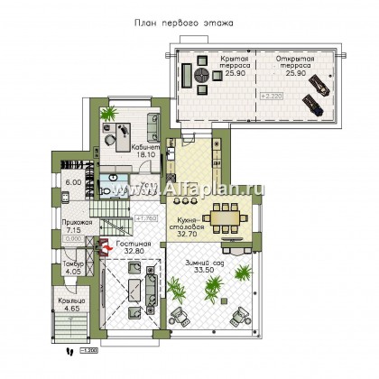 Проекты домов Альфаплан - "Амур" - проект трехэтажного дома, с  гаражом в цоколе и с сауной, с двусветной гостиной, с бассейном - превью плана проекта №2