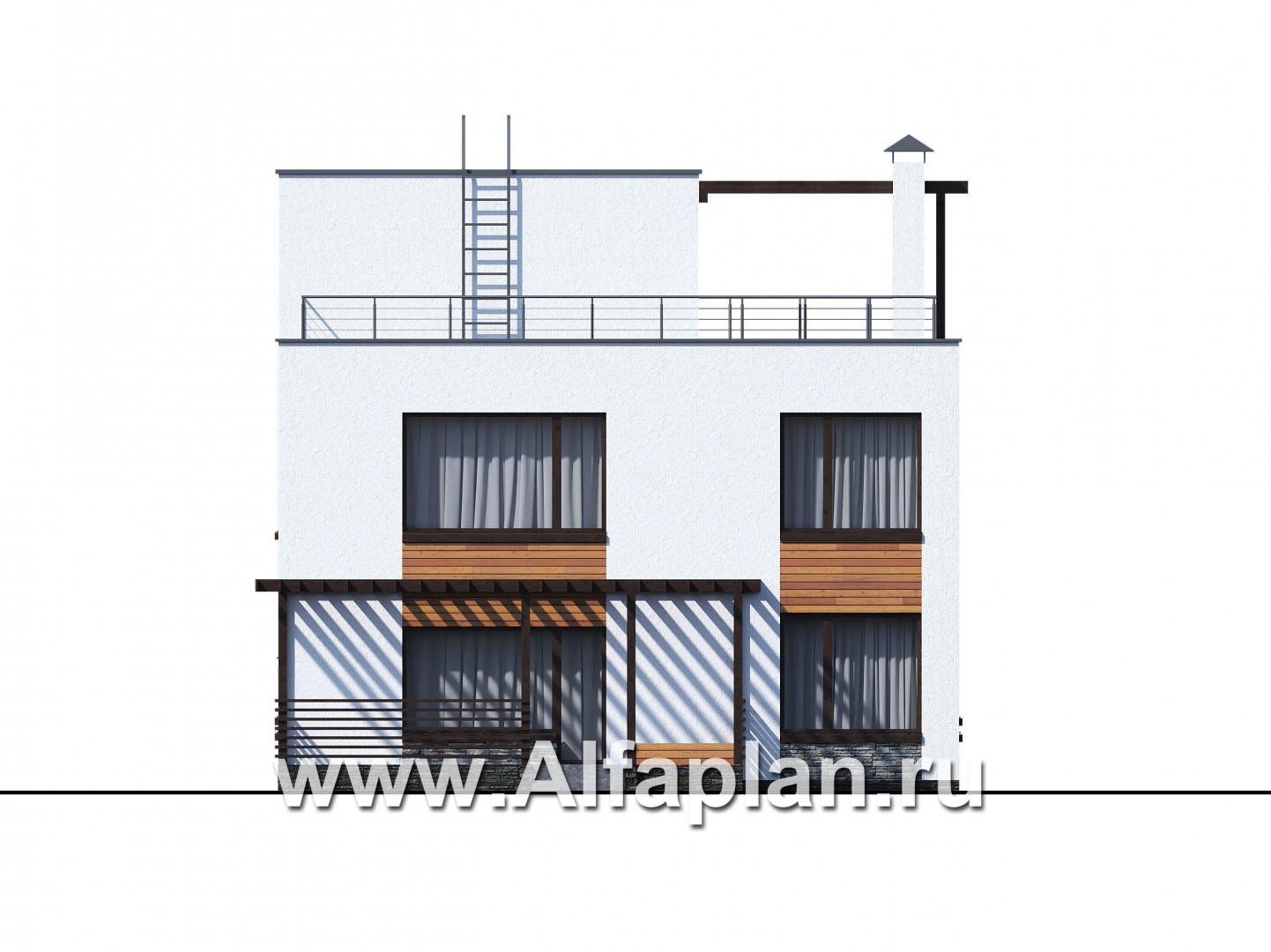 Проекты домов Альфаплан - «Золотой ключик» — современный дом с плоской эксплуатируемой кровлей - изображение фасада №3