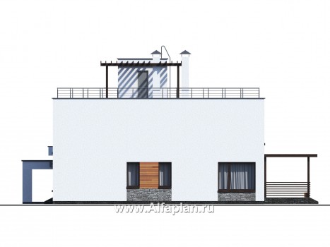 Проекты домов Альфаплан - «Золотой ключик» — современный дом с плоской эксплуатируемой кровлей и гаражом-навесом - превью фасада №3