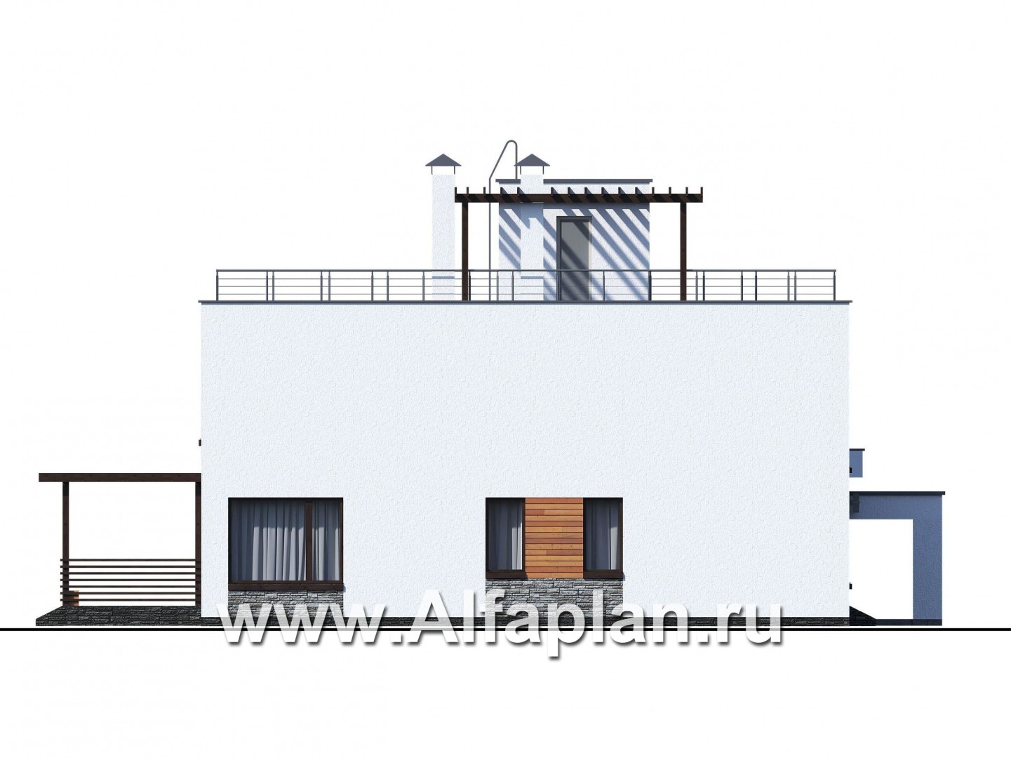 Проекты домов Альфаплан - «Золотой ключик» — современный дом с плоской эксплуатируемой кровлей и гаражом-навесом - изображение фасада №3