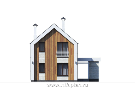 Проекты домов Альфаплан - «Барн» - современный мансардный дом с боковой террасой - превью фасада №1