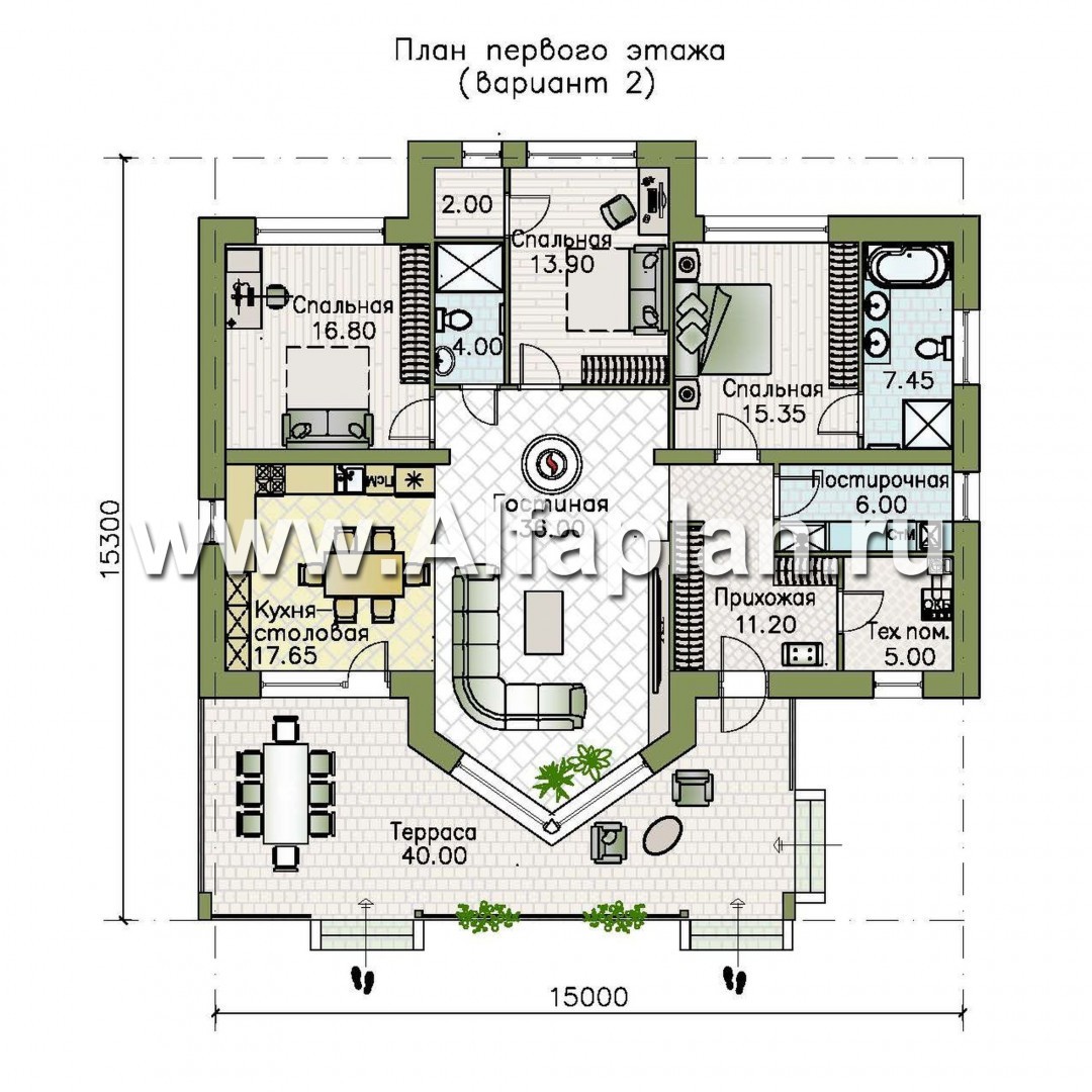 Проекты домов Альфаплан - «Вектор» - одноэтажный дом с большим остеклением гостиной - изображение плана проекта №2