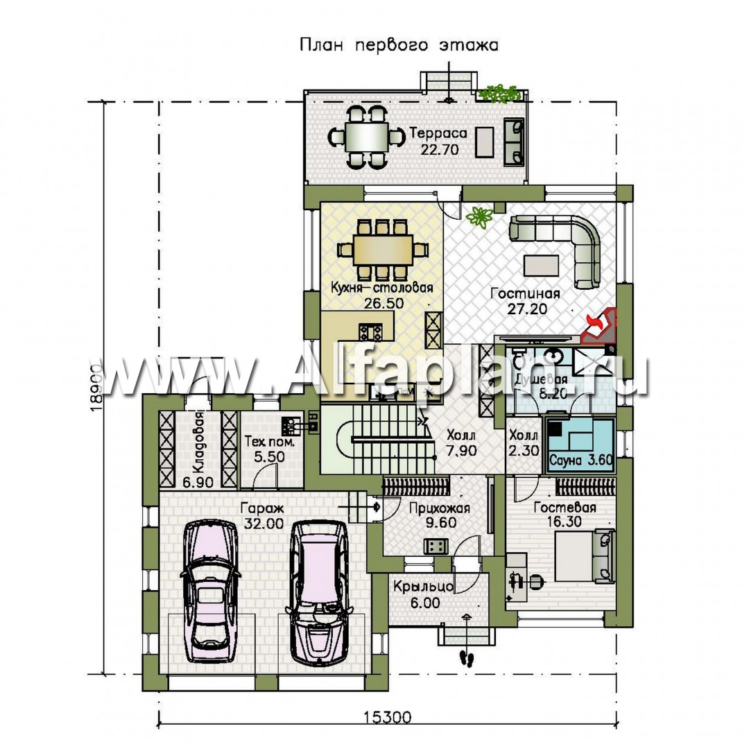 Проекты домов Альфаплан - "Золотой ключик" - план дома, где все спальни с душевыми - план проекта №1