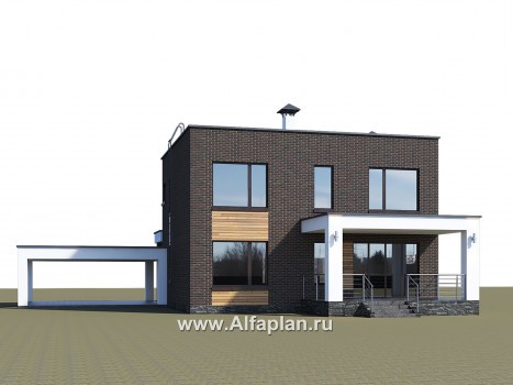 Проекты домов Альфаплан - «Эрго» - проект двухэтажного дома с плоской кровлей 10х10м, с гаражом-навесом - превью дополнительного изображения №2