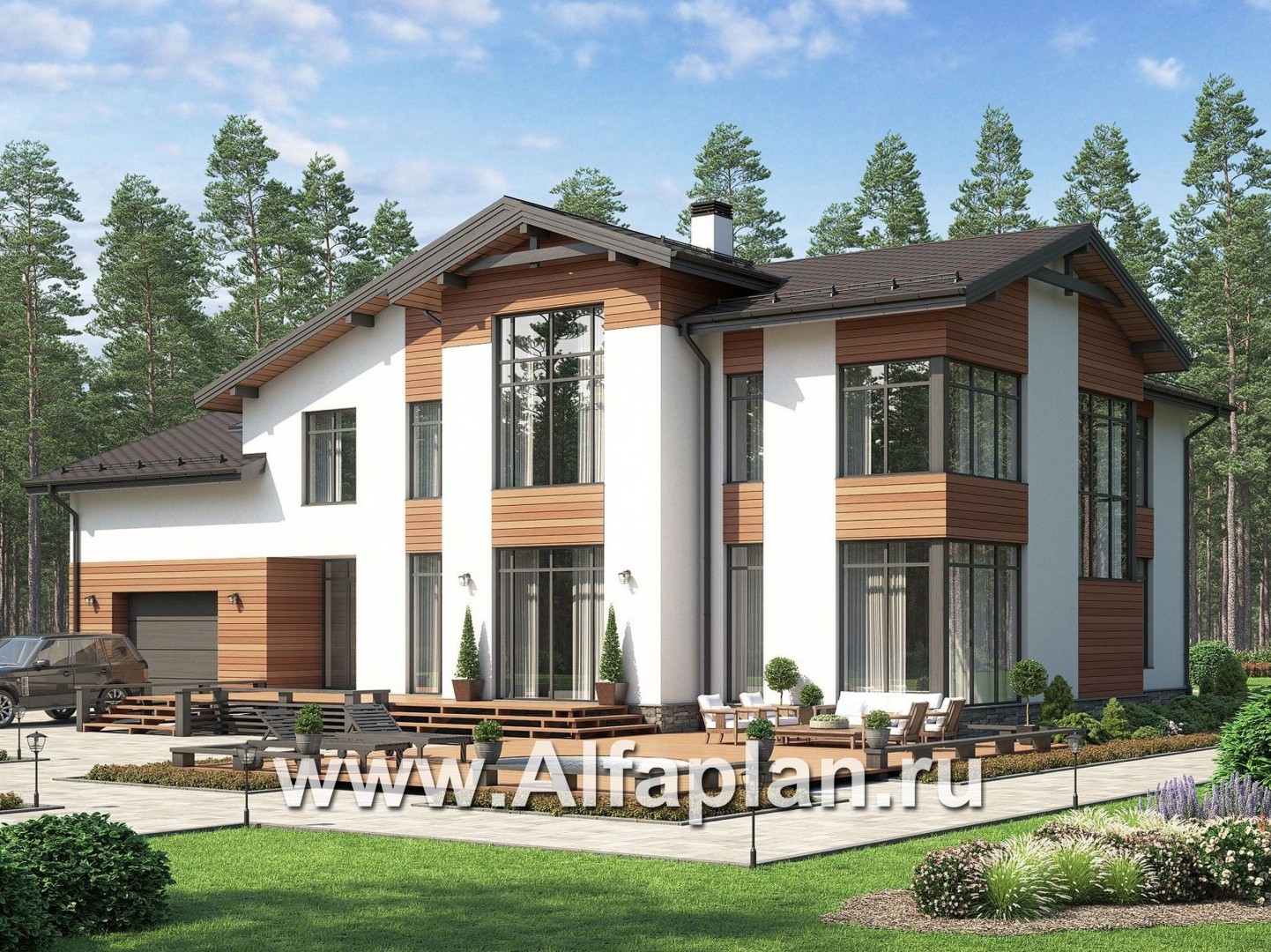 Проекты домов Альфаплан - Проект современного особняка с гаражом и большой террасой - основное изображение