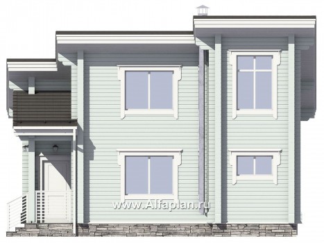 Проект дома с мансардой из бруса, с террасой. Гостевой дом, дача с односкатной кровлей - превью фасада дома
