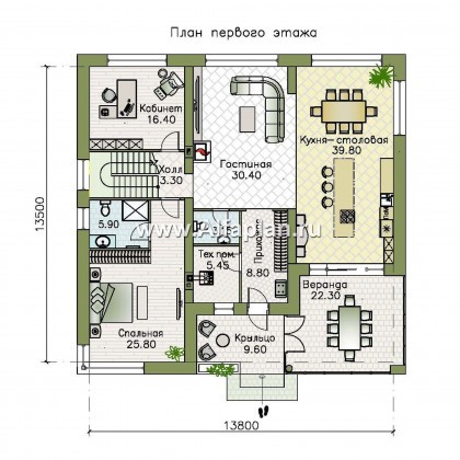 Проекты домов Альфаплан - «Спектр» - проект современного дома с двумя жилыми комнатами на 1-ом этаже - превью плана проекта №1