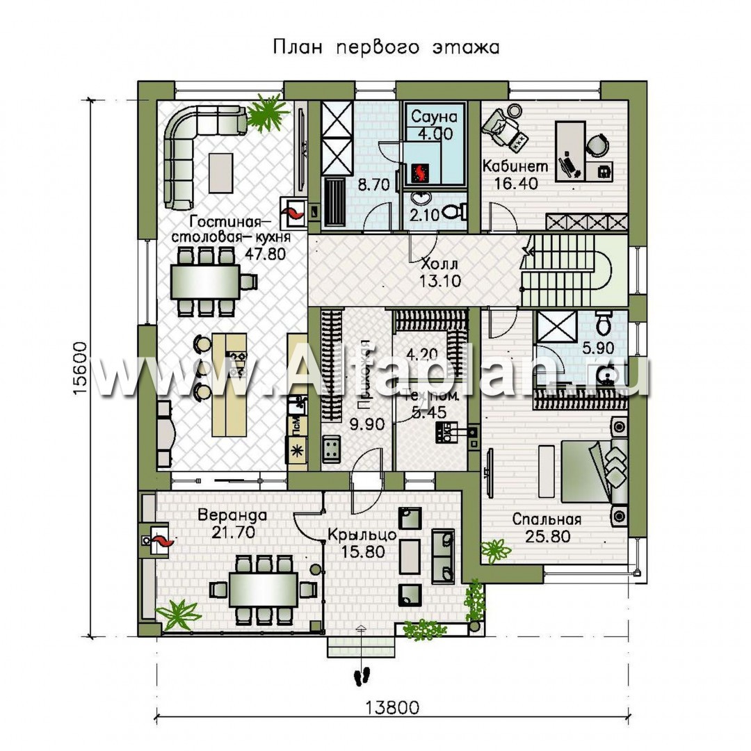 Проекты домов Альфаплан - «Спектр» - проект современного дома с двумя жилыми комнатами на 1-ом этаже и сауной - изображение плана проекта №1
