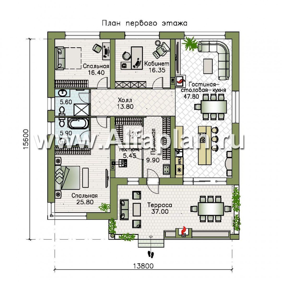Проекты домов Альфаплан - «Фортис» - одноэтажный дом с плоской кровлей, и грилем на террасе - изображение плана проекта №1