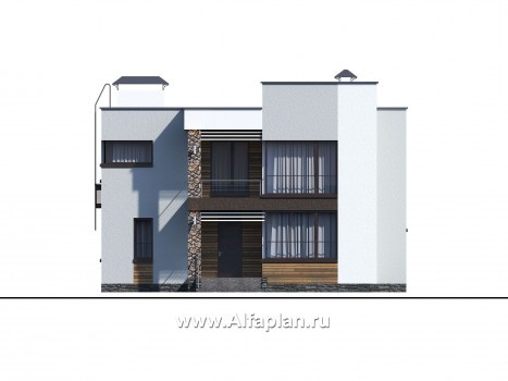 Проекты домов Альфаплан - «Престиж» - проект двухэтажного дома, в стиле хай-тек, с террасой и с плоской кровлей - превью фасада №1