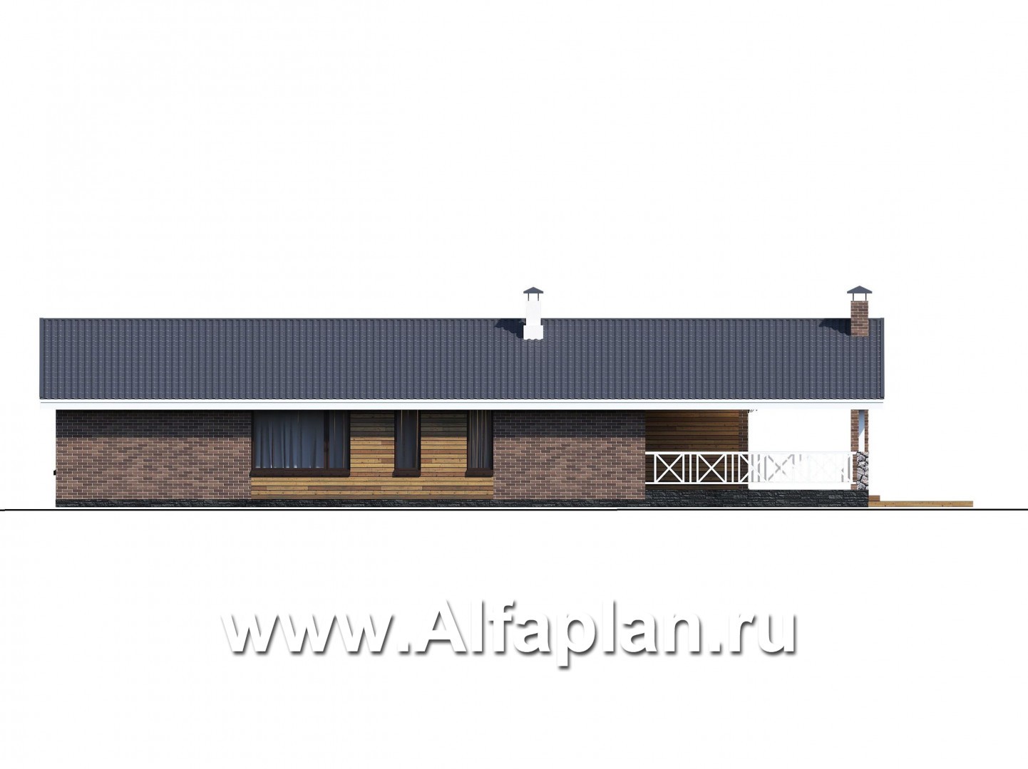 Проекты домов Альфаплан - «Эвтерпа» - одноэтажный дом с  тремя спальнями для узкого участка - изображение фасада №2