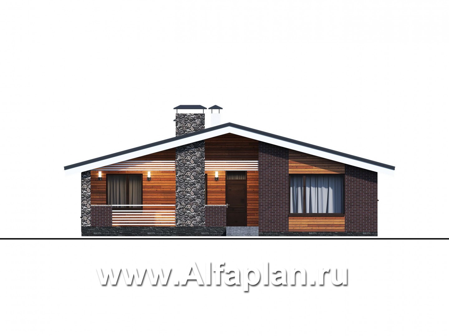 Проекты домов Альфаплан - «Веда» - проект одноэтажного дома с двускатной кровлей (три спальни) - изображение фасада №2