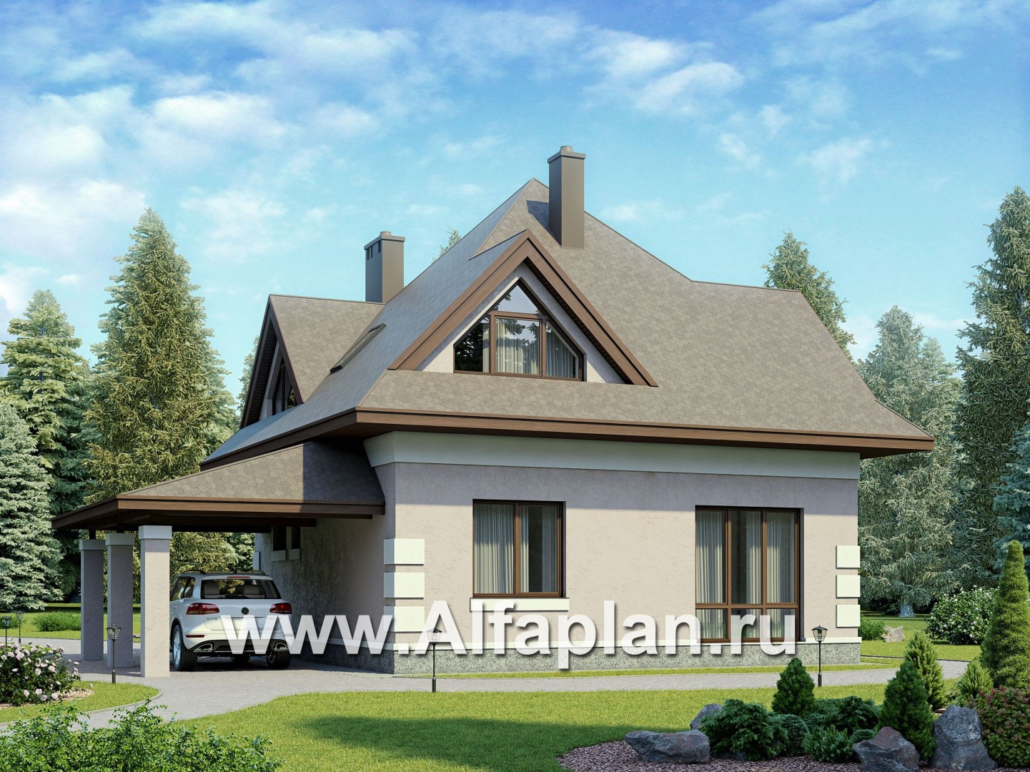 Проекты домов Альфаплан - Проект экономичного дома с навесом для машины - дополнительное изображение №1