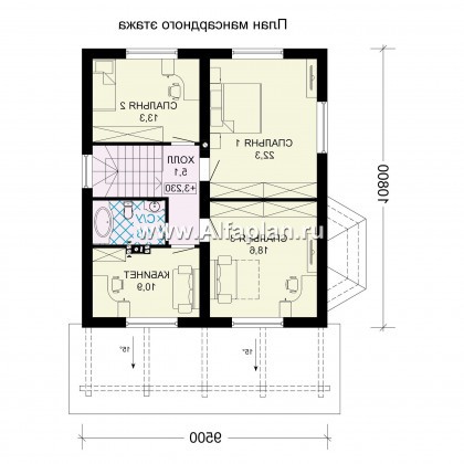 Проект дома с мансардой, 3 спальни, открытая планировка с камином и эркером, спальня на 1 эт - превью план дома
