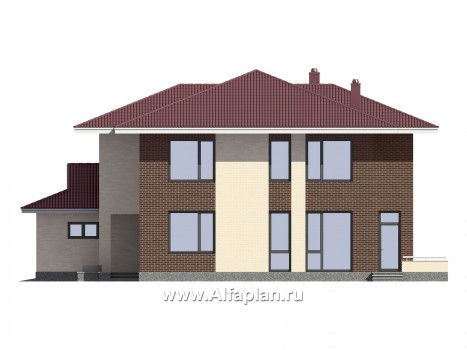 Проект двухэтажного коттеджа, планировка с кабинетом и с гаражом на 2 авто, с террасой, в современном стиле - превью фасада дома
