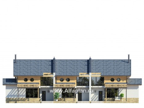 Проект дома с мансардой, современный таунхаус на 3 семьи, в стиле минимализм - превью фасада дома